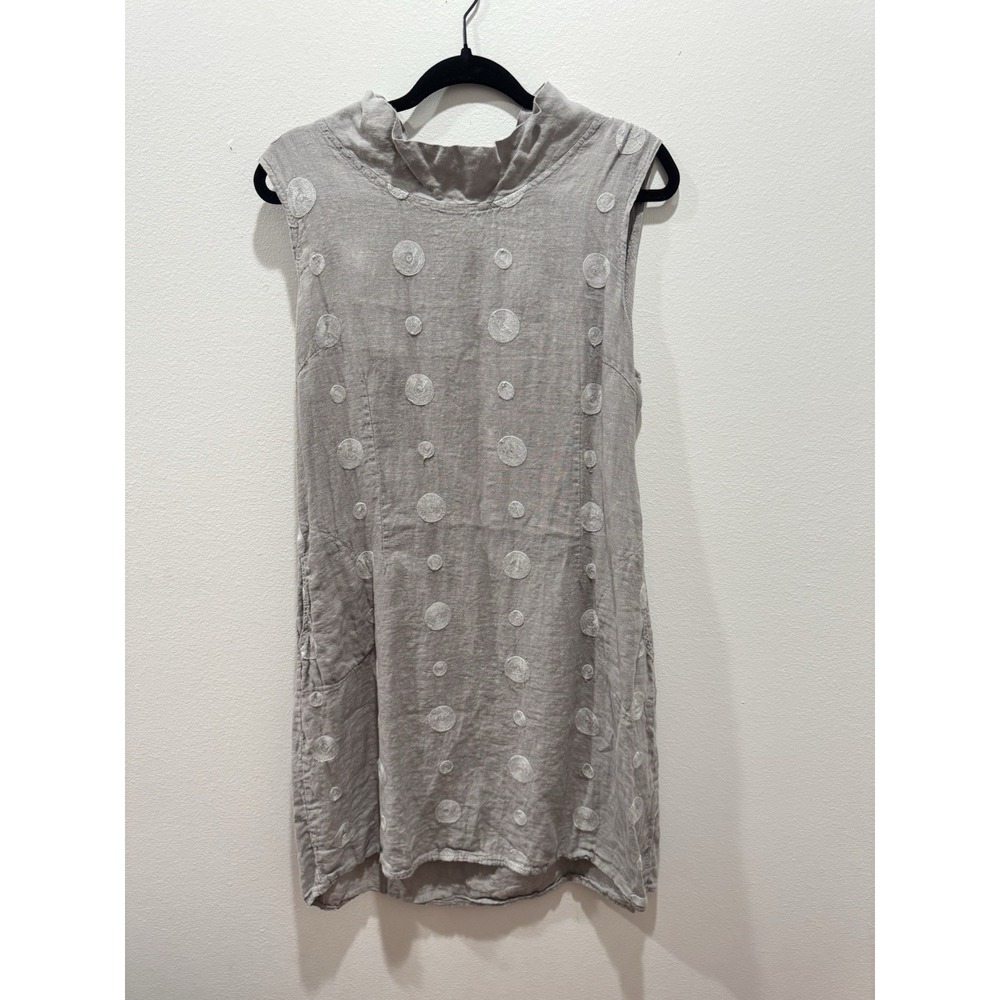 Lina Tomei Linen Dress Womens XL Gray Embroidered Floral Sleeveless Made Italy